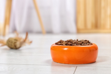 Photo of Bowl with food for cat or dog on floor. Pet care