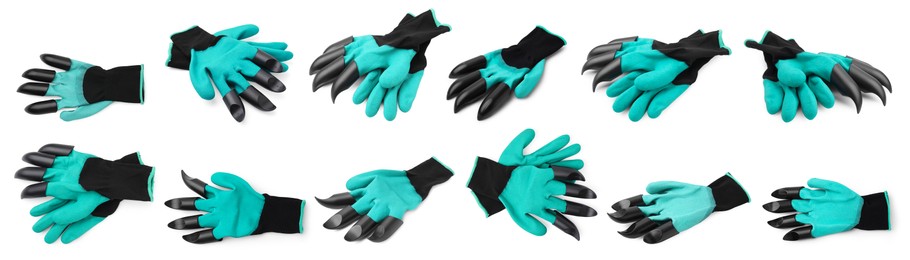 Image of Gardening gloves with claws isolated on white, set