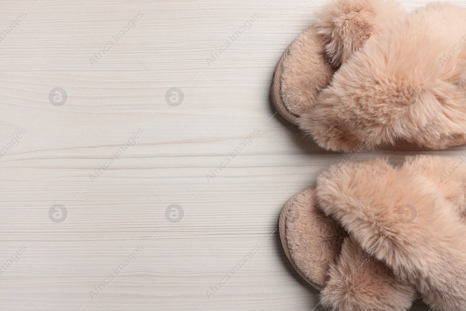 Photo of Pair of soft slippers on white wooden floor, top view. Space for text