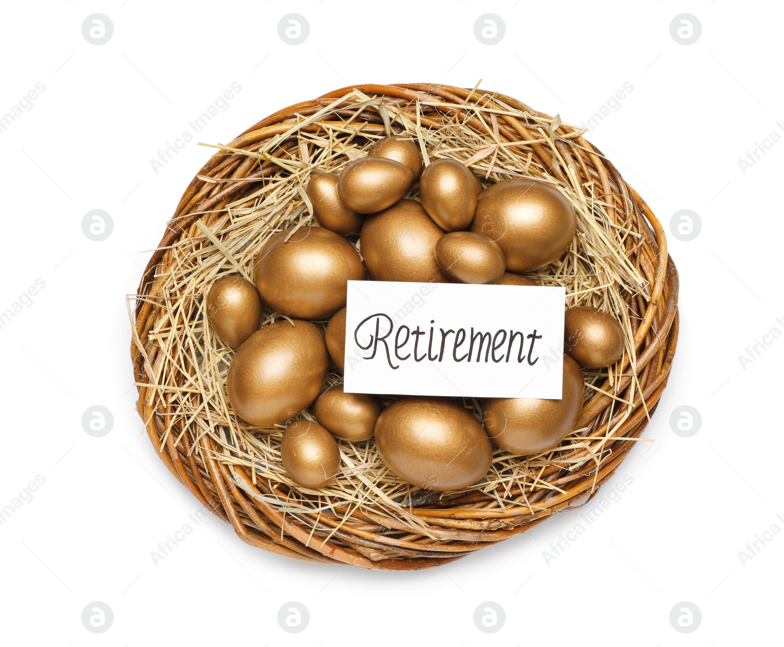 Photo of Golden eggs and card with word Retirement on white background, top view. Pension concept