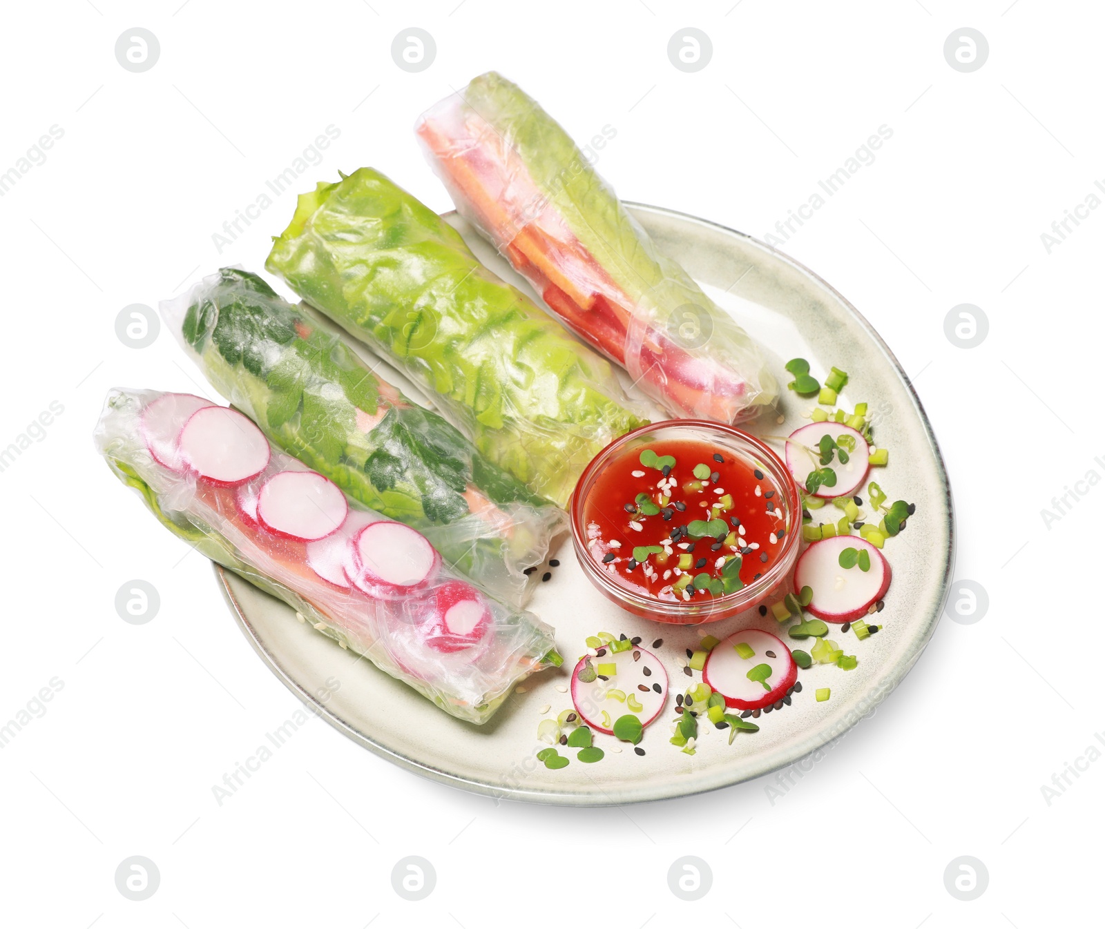 Photo of Delicious spring rolls served with sauce on white background