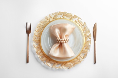 Stylish elegant table setting on white background, top view