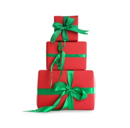 Photo of Different Christmas gift boxes on white background