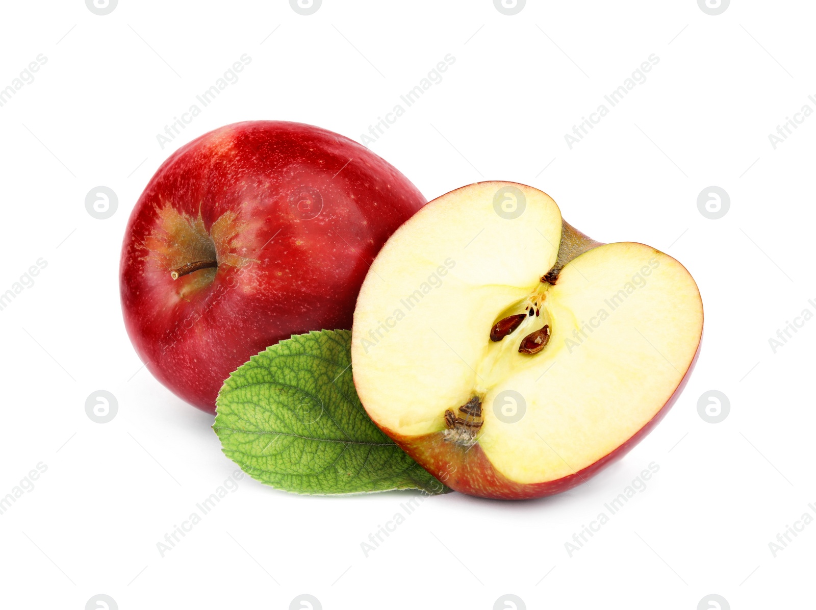 Photo of Ripe juicy red apples with leaf on white background