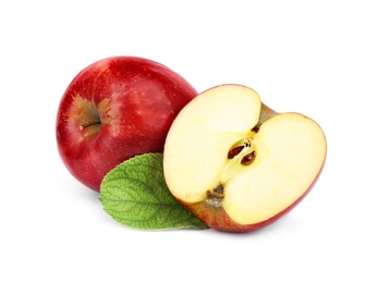 Photo of Ripe juicy red apples with leaf on white background