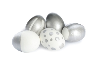 Photo of Painted Easter eggs on white background. Stylish design