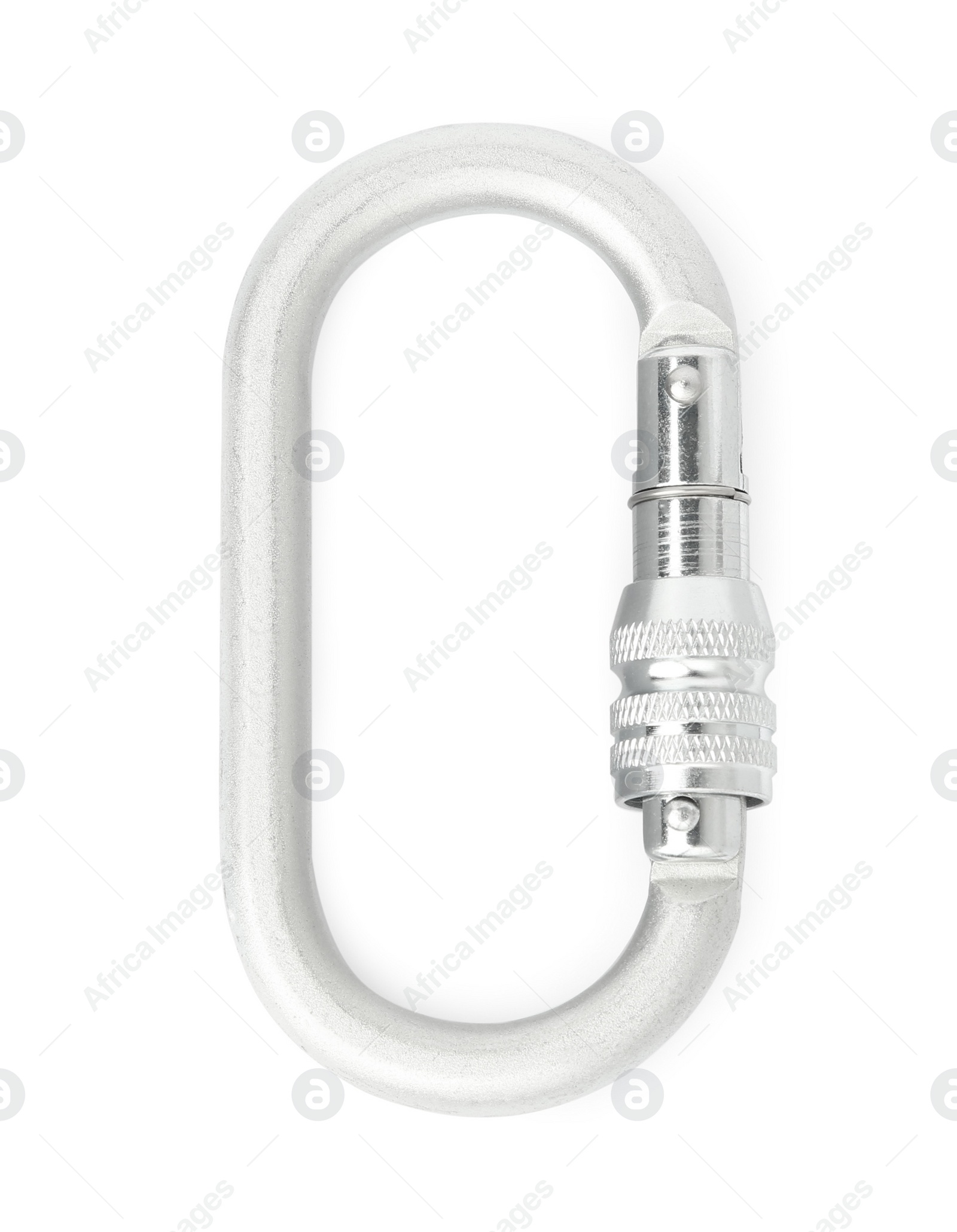 Photo of One metal carabiner isolated on white, top view