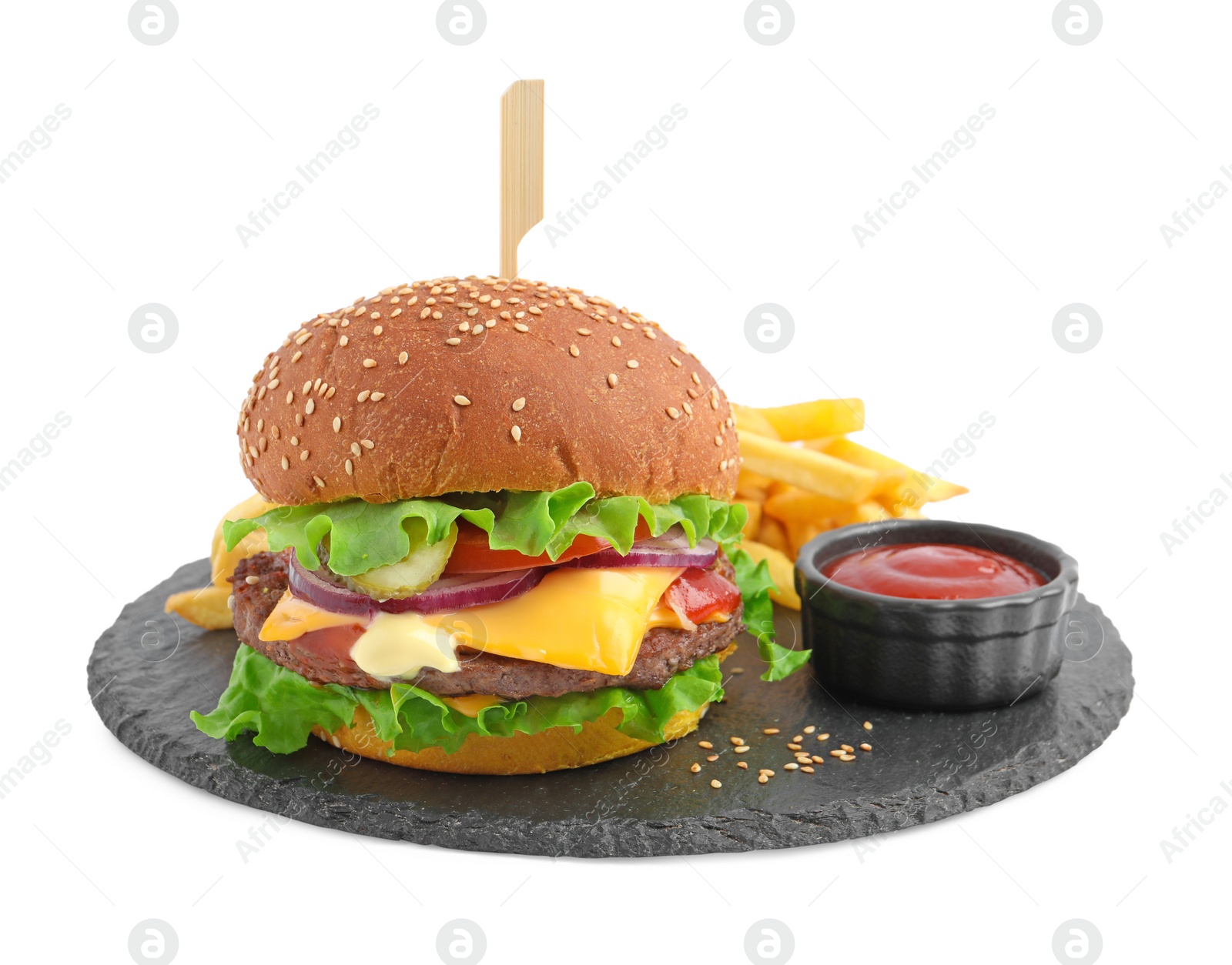 Photo of Delicious burger with beef patty, tomato sauce and french fries isolated on white