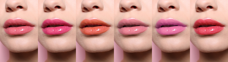Image of Woman with different color lipsticks, collage. Banner design