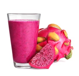 Glass of tasty pitahaya smoothie and fresh dragon fruits on white background