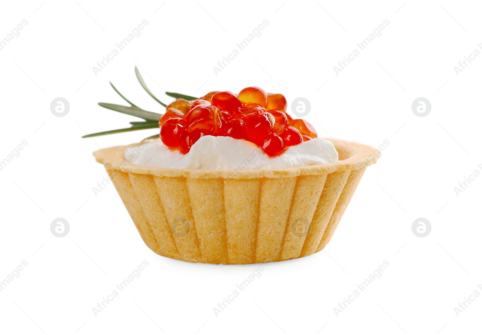Photo of Delicious tartlet with red caviar and cream cheese on white background
