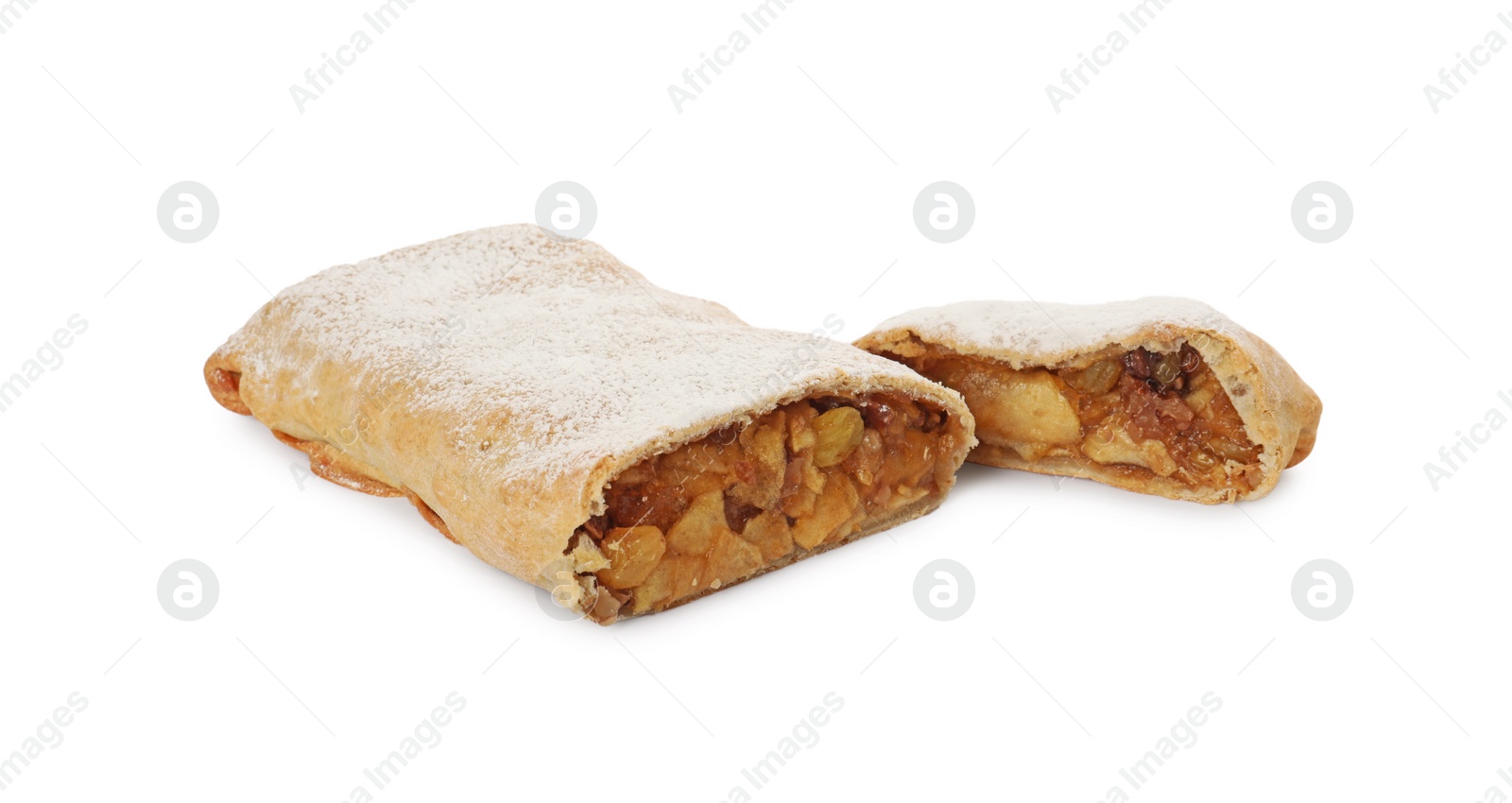 Photo of Delicious cut strudel with apples, nuts and raisins isolated on white