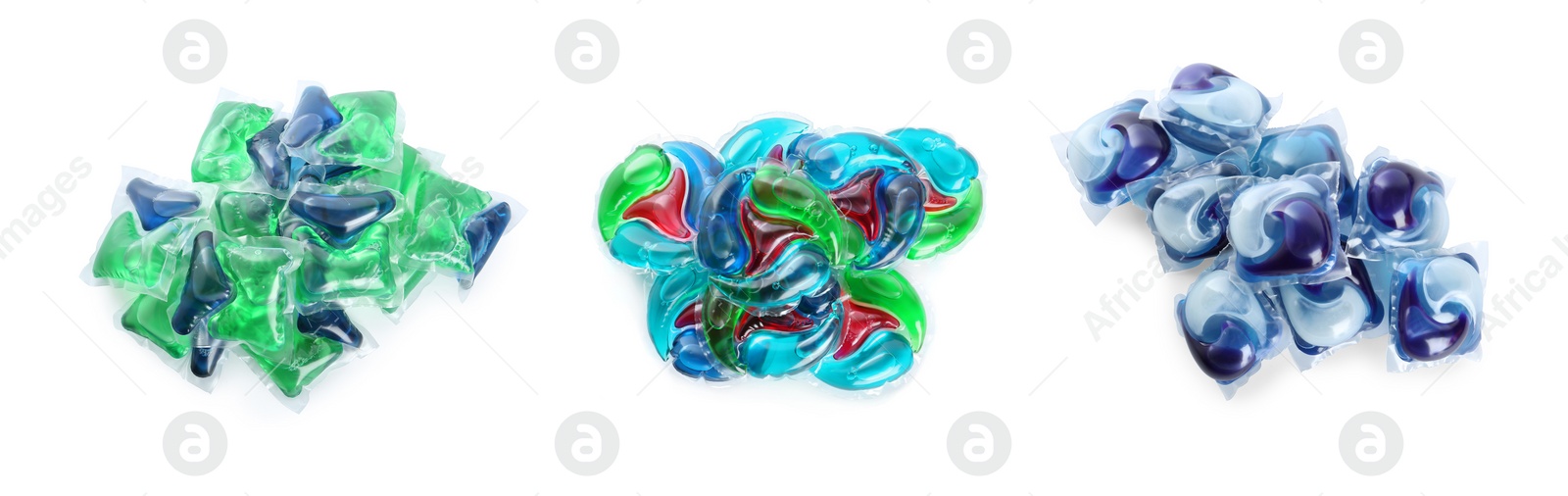 Image of Set with laundry capsules on white background, banner design. Detergent pods