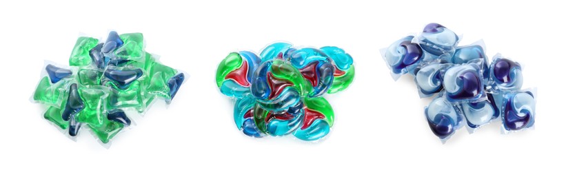 Image of Set with laundry capsules on white background, banner design. Detergent pods