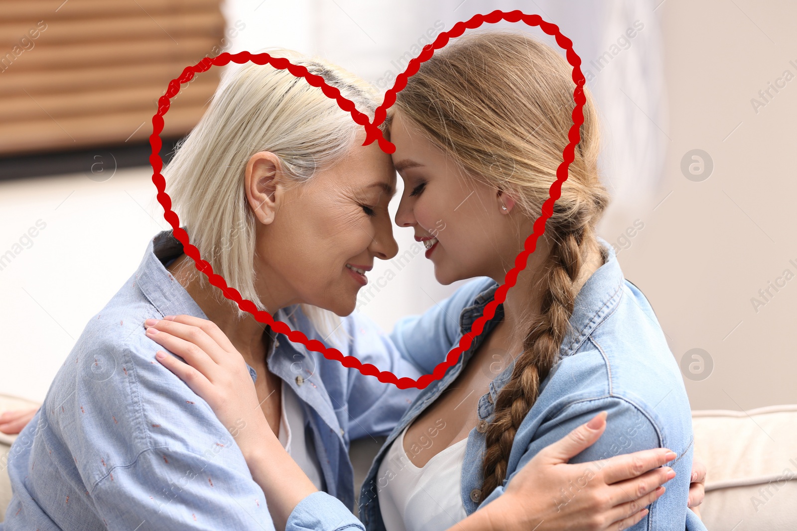 Image of Illustration of red heart and mother and her adult daughter spending time together at home