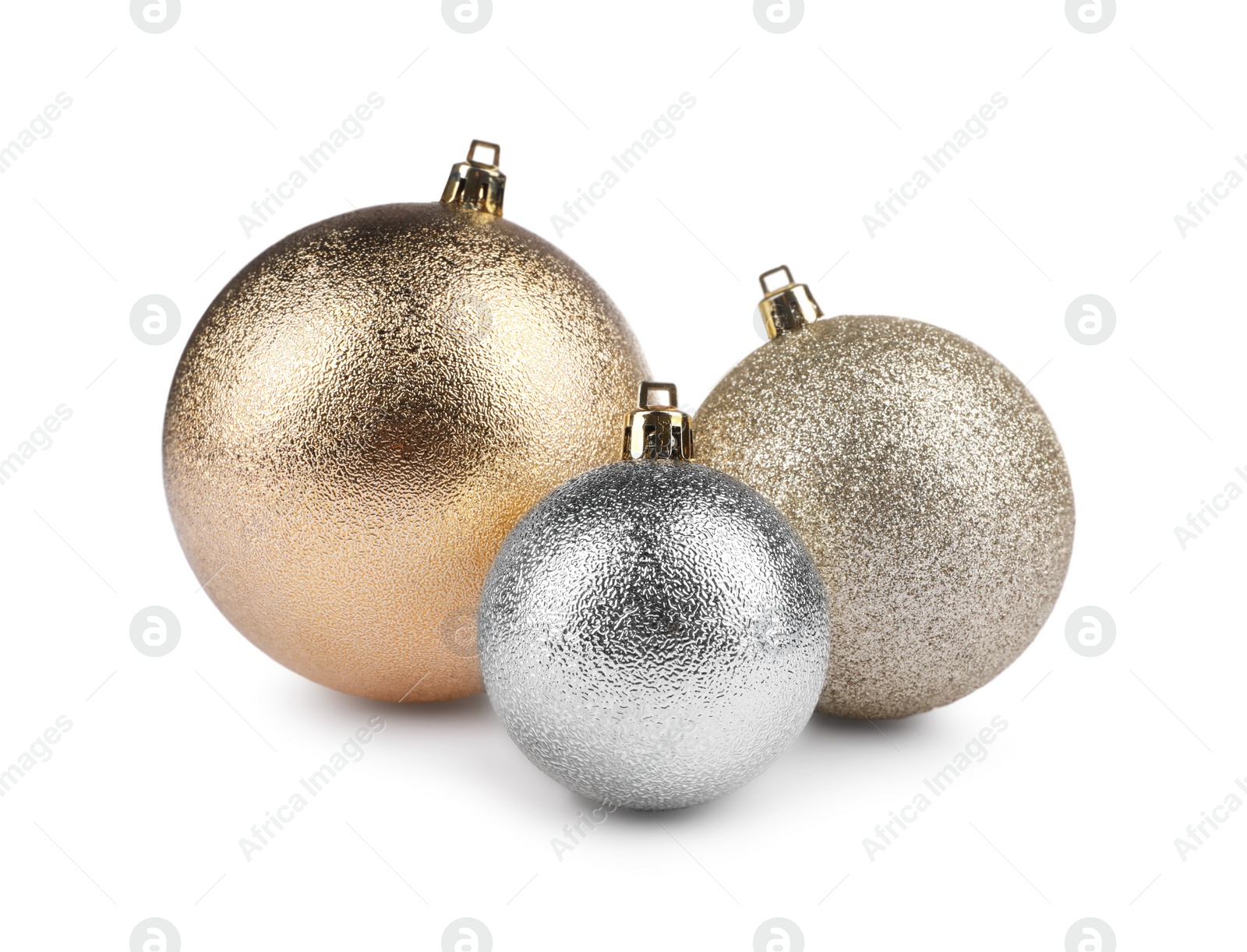 Photo of Beautiful golden and silver Christmas balls isolated on white