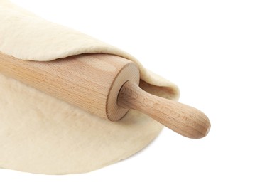 Photo of Raw dough and rolling pin isolated on white