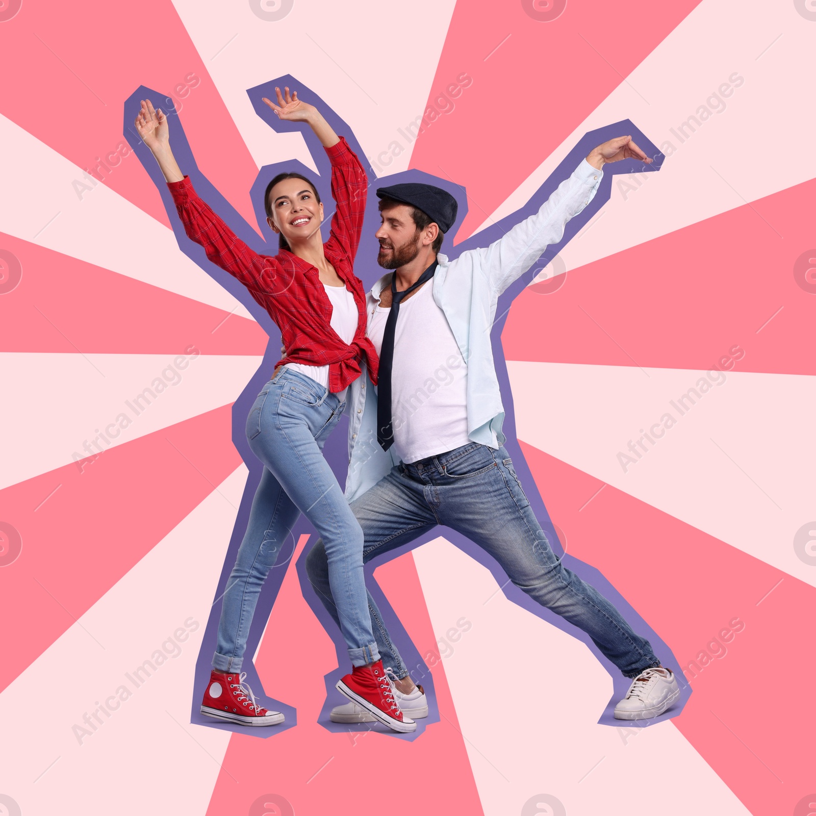 Image of Pop art poster. Happy couple dancing together on color background