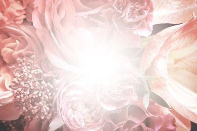 Image of Beautiful delicate bouquet, closeup. Floral decor in vintage style 