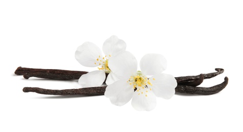 Photo of Aromatic vanilla sticks and flowers on white background
