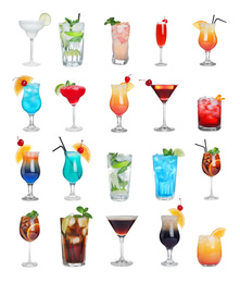 Image of Set of tasty alcoholic cocktails on white background