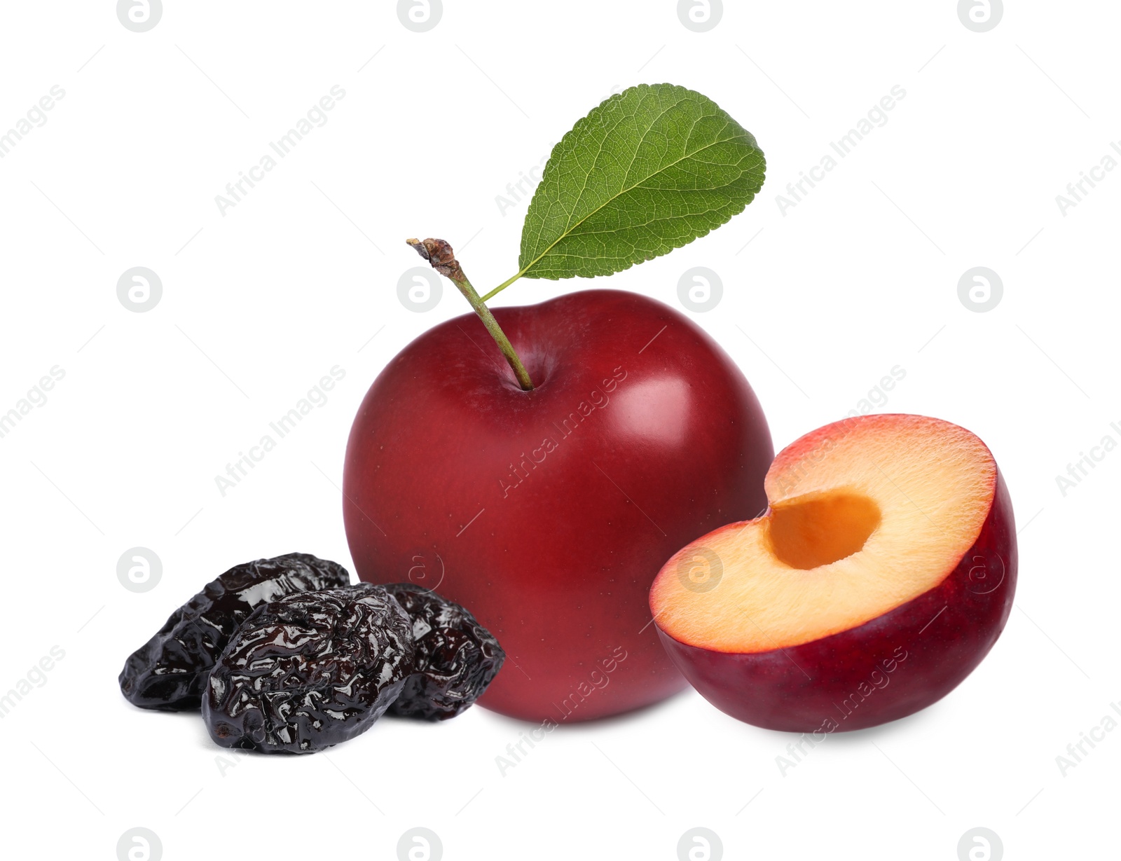 Image of Delicious fresh ripe plums and sweet dried prunes on white background 