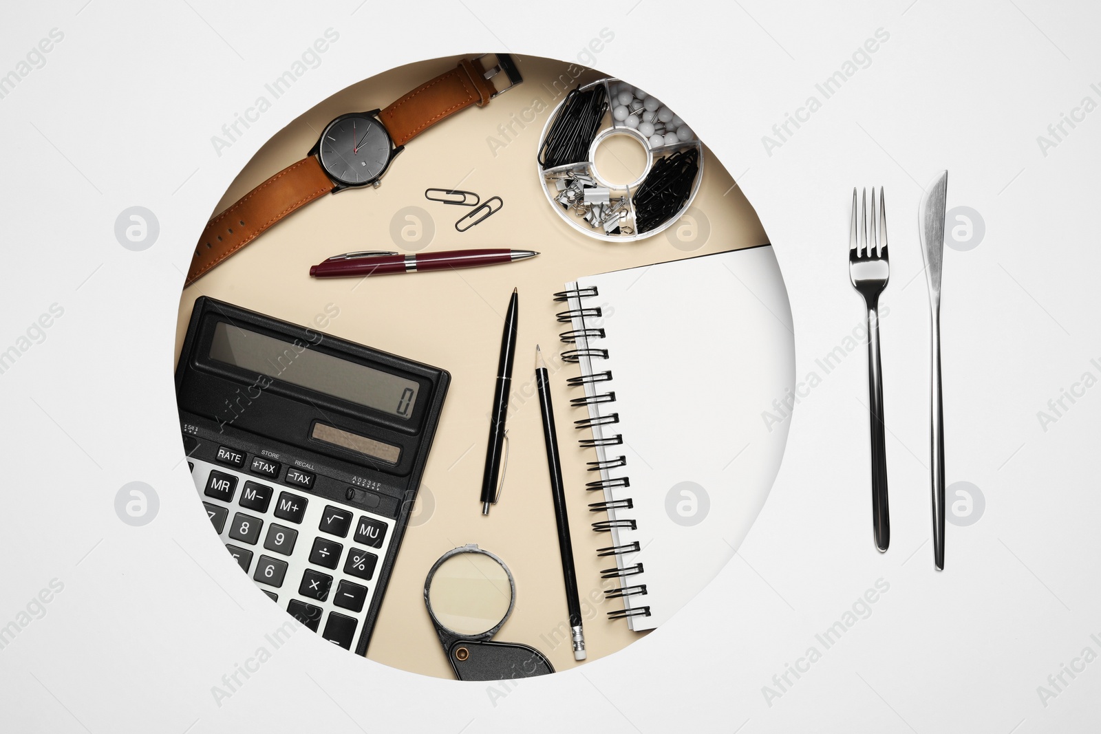 Photo of Business lunch concept. Composition with stationery and cutlery on beige background, flat lay