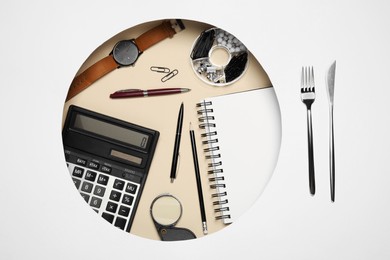 Business lunch concept. Composition with stationery and cutlery on beige background, flat lay
