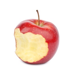 Photo of Ripe juicy red apple with bite mark on white background