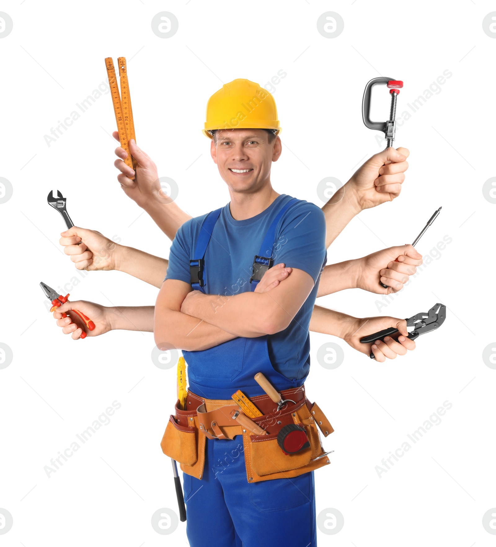 Image of Multitasking concept. Handyman with different tools on white background