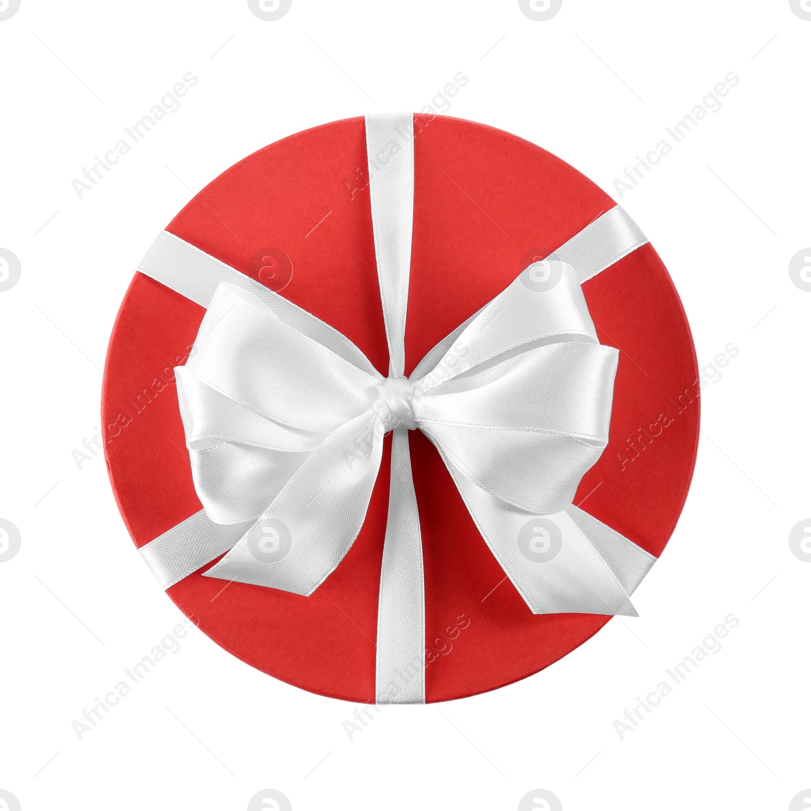 Photo of Beautiful red gift box with bow isolated on white, top view