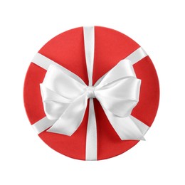 Photo of Beautiful red gift box with bow isolated on white, top view