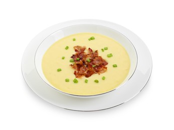 Photo of Tasty potato soup with bacon and green onion in bowl isolated on white