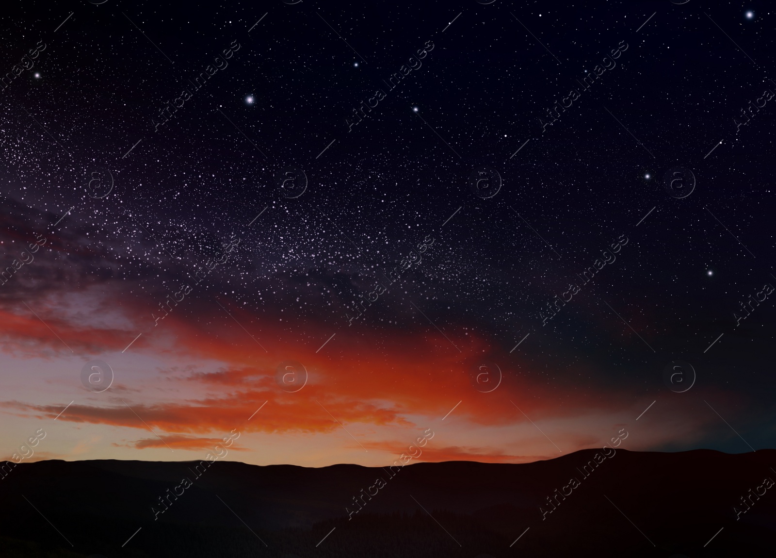 Image of Mountain landscape and beautiful starry sky at night