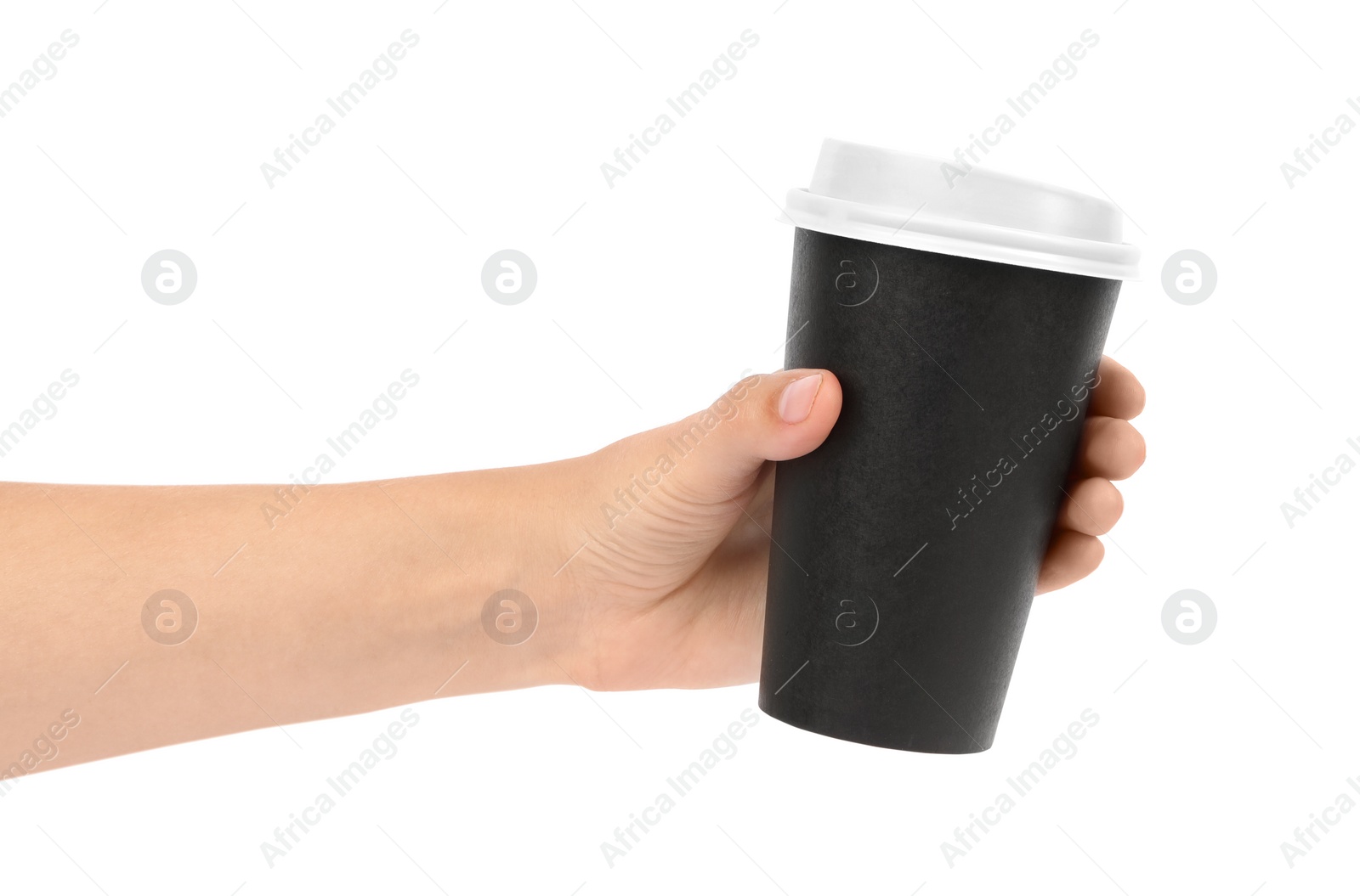 Photo of Woman holding takeaway paper coffee cup on white background, closeup