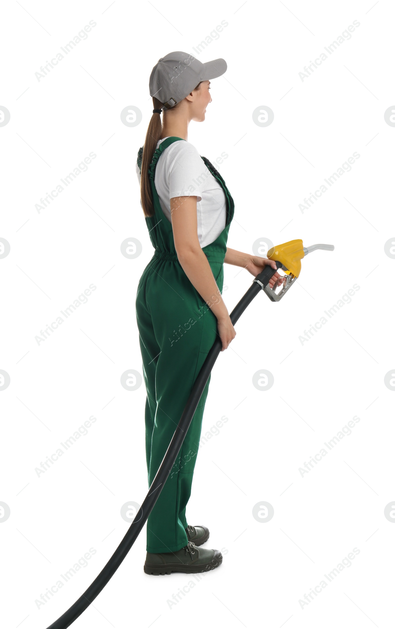 Photo of Gas station worker with fuel nozzle on white background