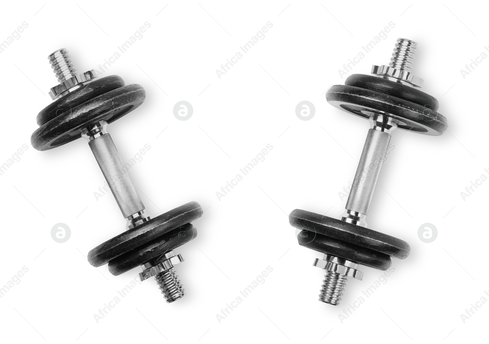 Photo of Metal dumbbells isolated on white, top view. Sports equipment