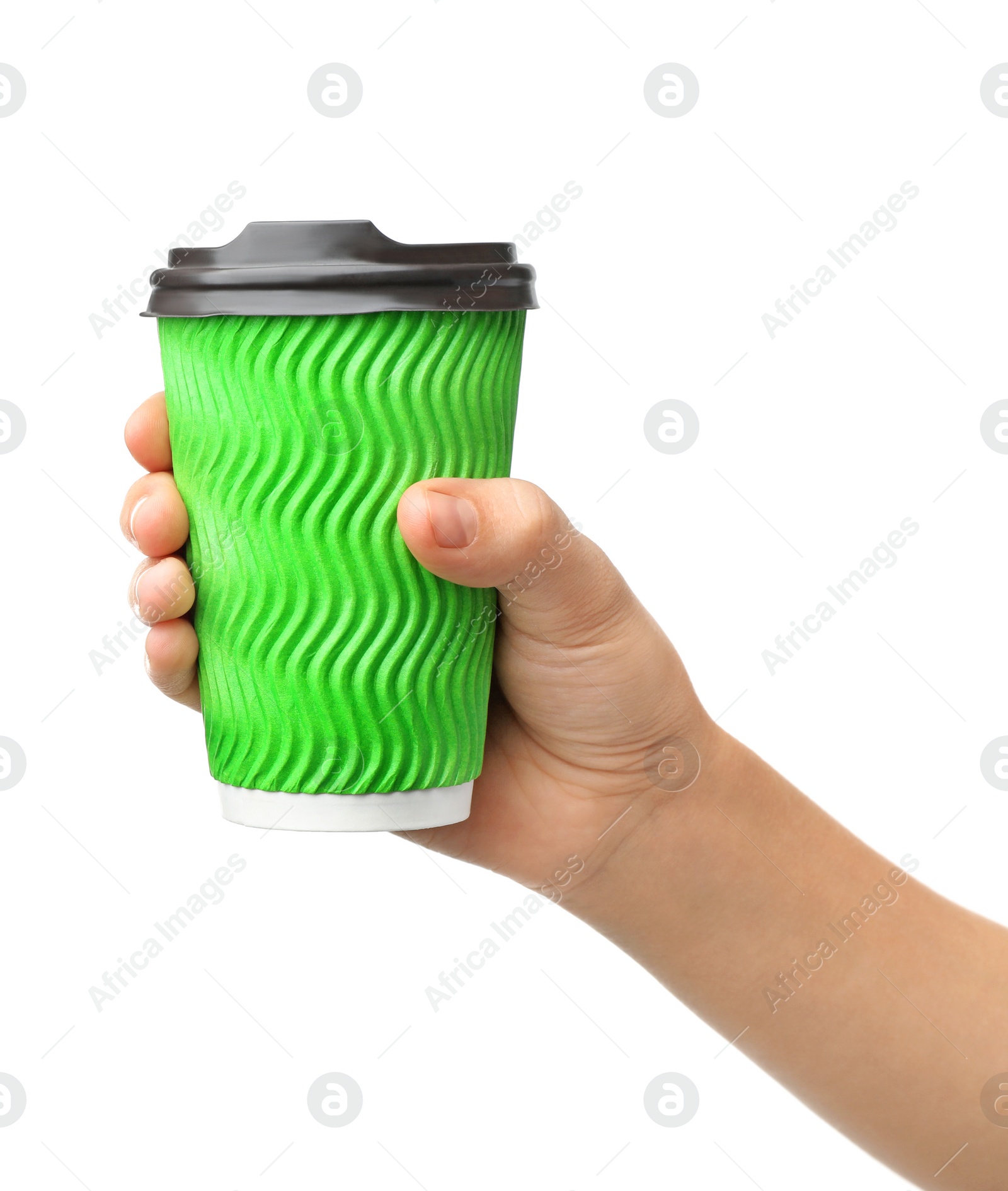 Photo of Woman holding paper coffee cup isolated on white