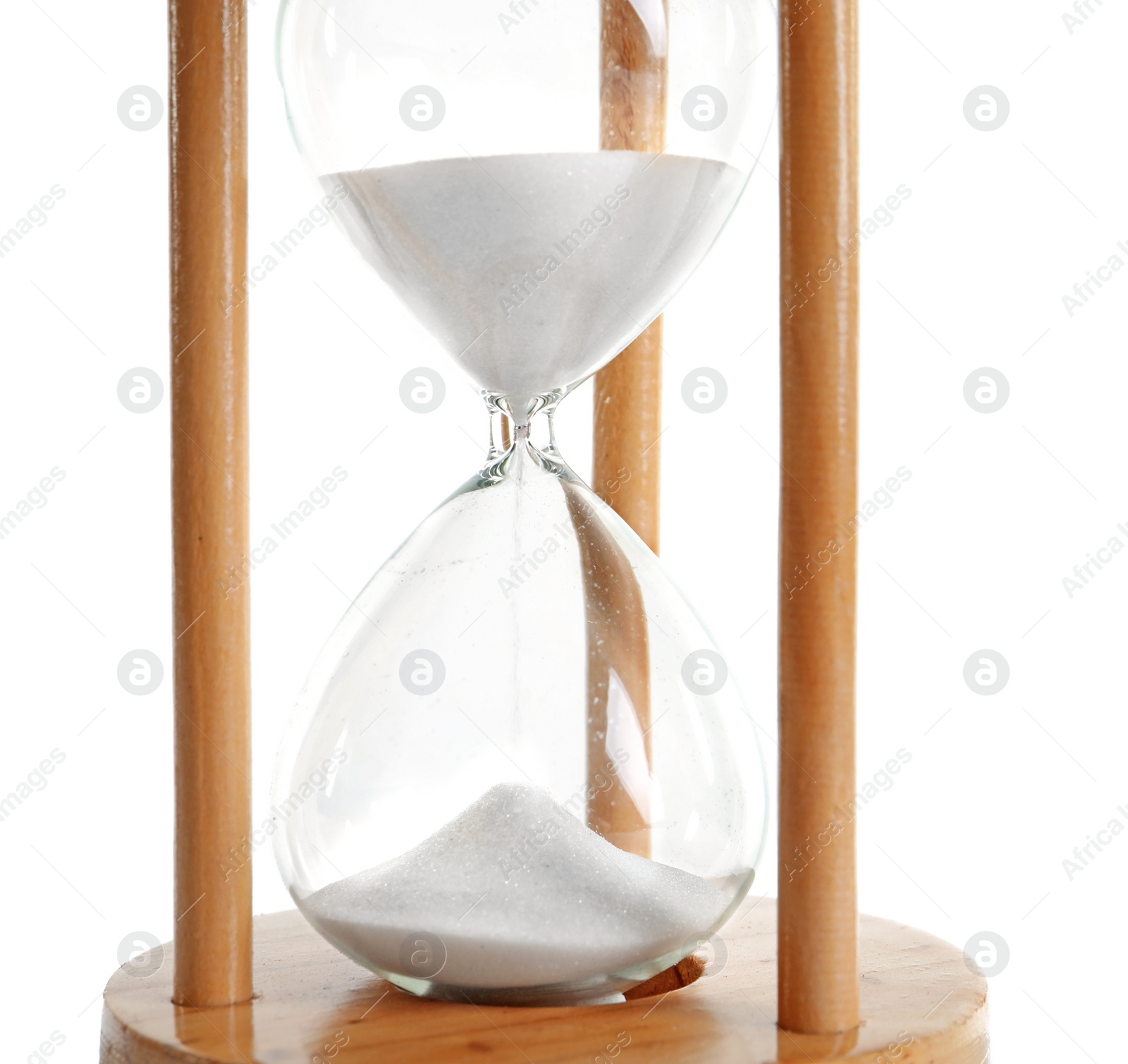 Photo of Hourglass with flowing sand on white background. Time management