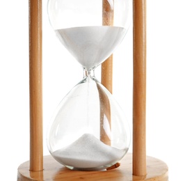 Hourglass with flowing sand on white background. Time management