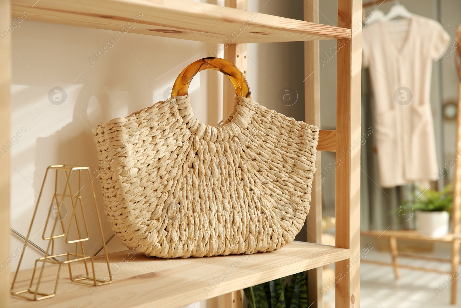 Photo of Stylish woman's bag on shelf in boutique