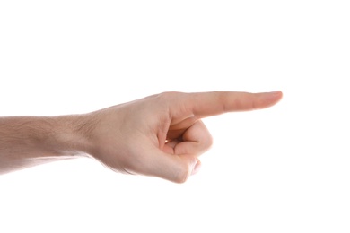 Man pointing at something on white background, closeup of hand