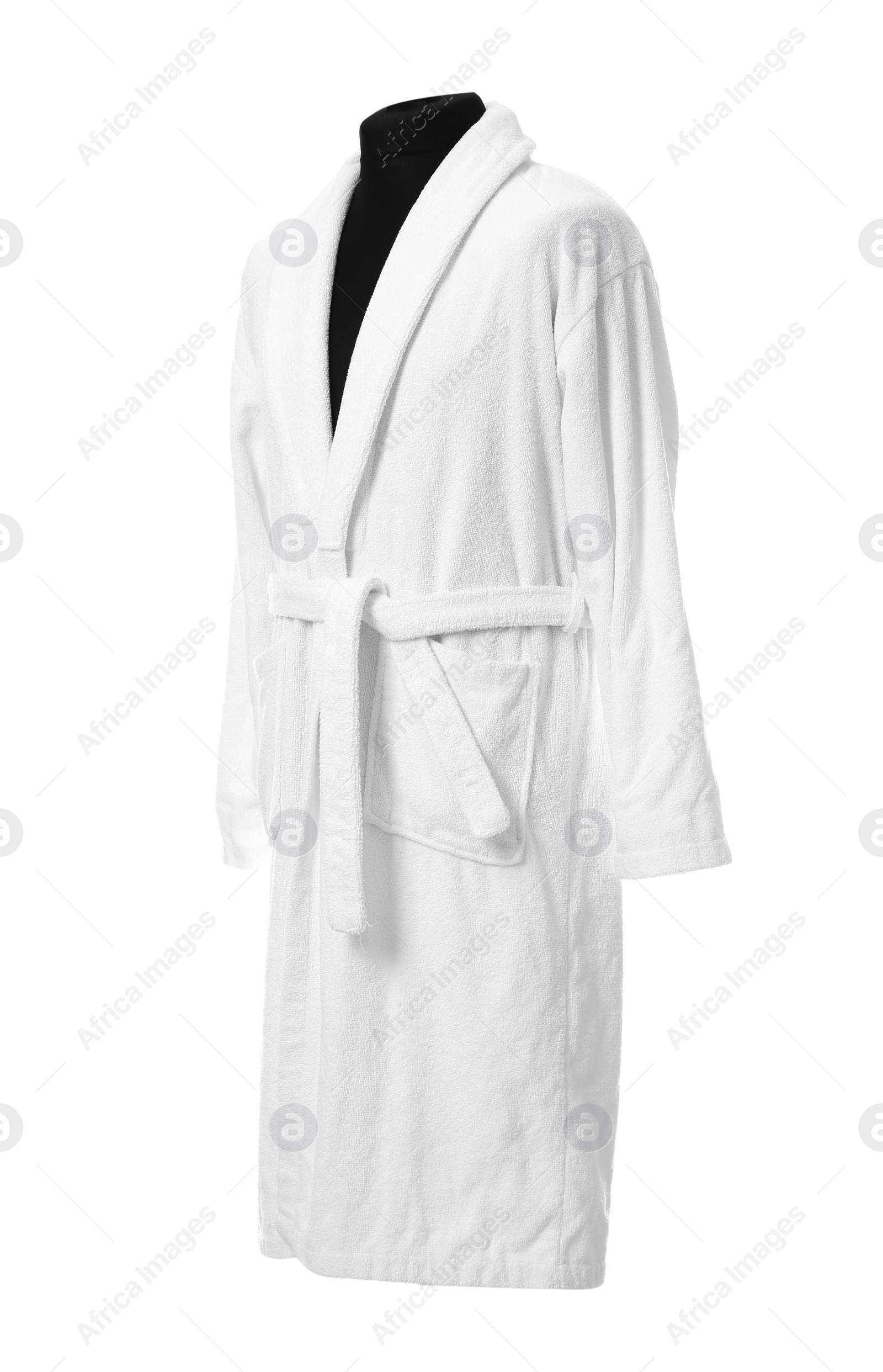 Photo of Soft clean cotton bathrobe on white background