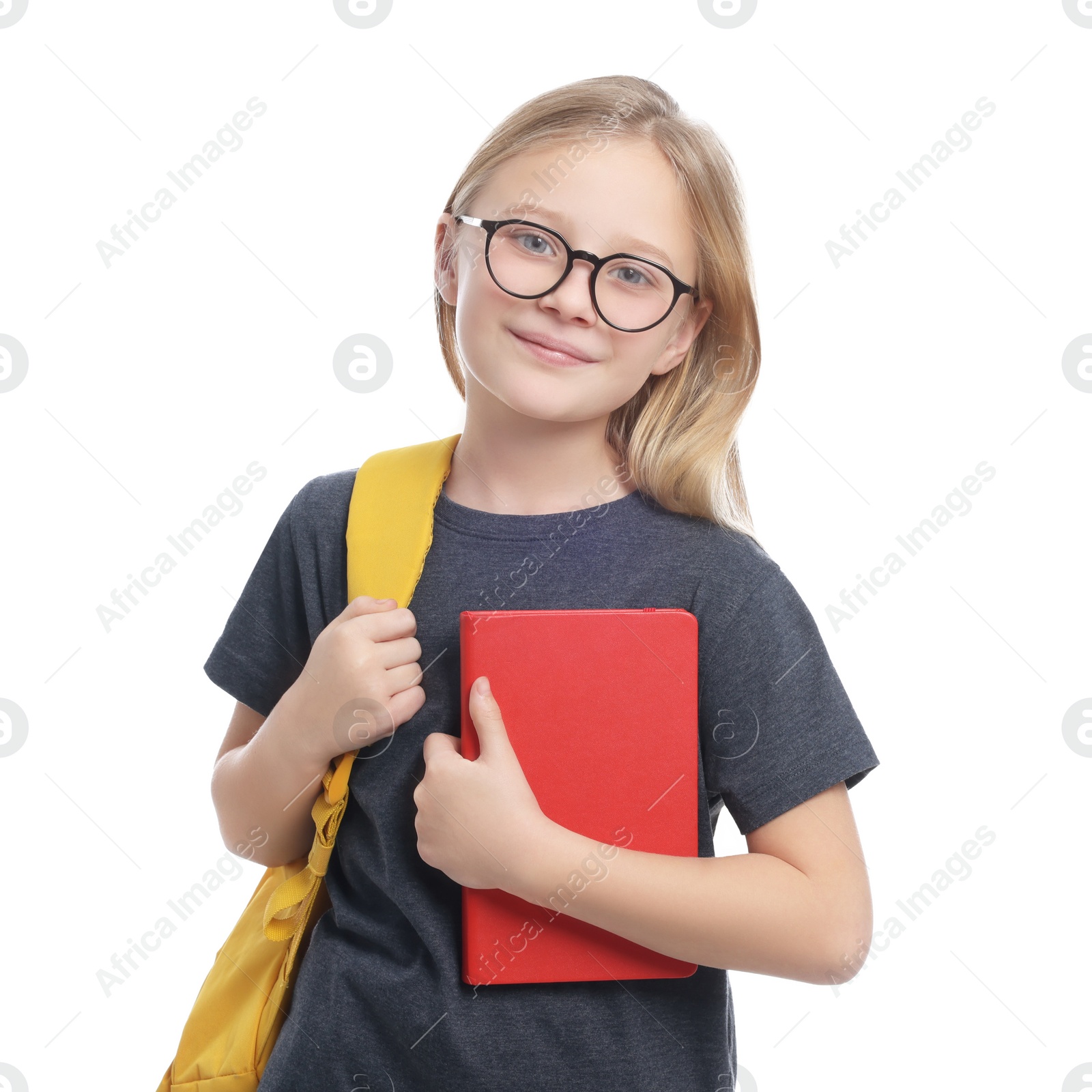 Photo of Cute girl in glasses with backpack and books on white background