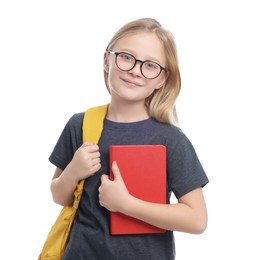Photo of Cute girl in glasses with backpack and books on white background