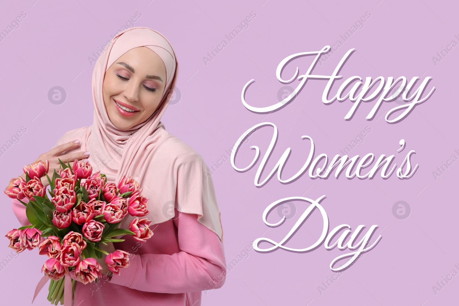 Image of Happy Women's Day - March 8. Attractive lady in hijab with bouquet of tulips on light violet background