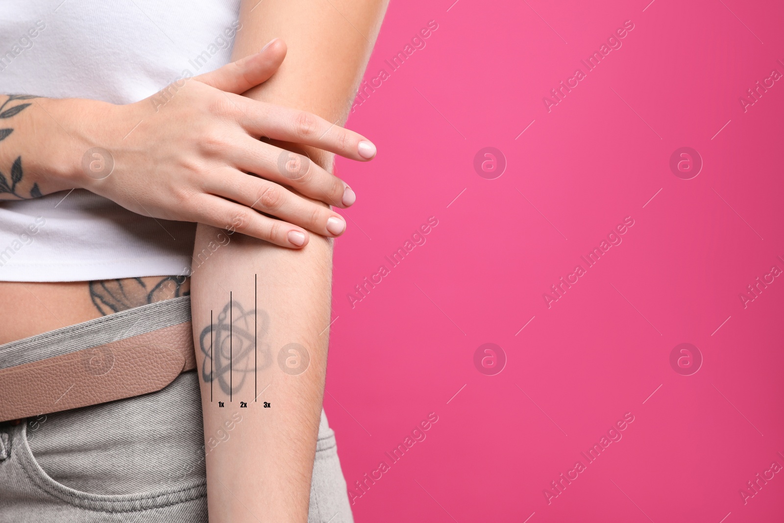 Image of Woman before and after laser tattoo removal procedures on pink background, closeup. Space for text