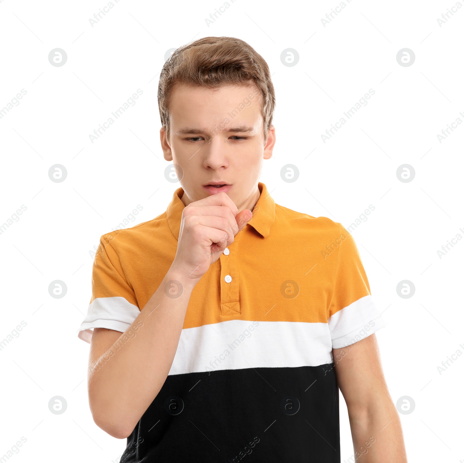 Photo of Teenage boy suffering from cough isolated on white