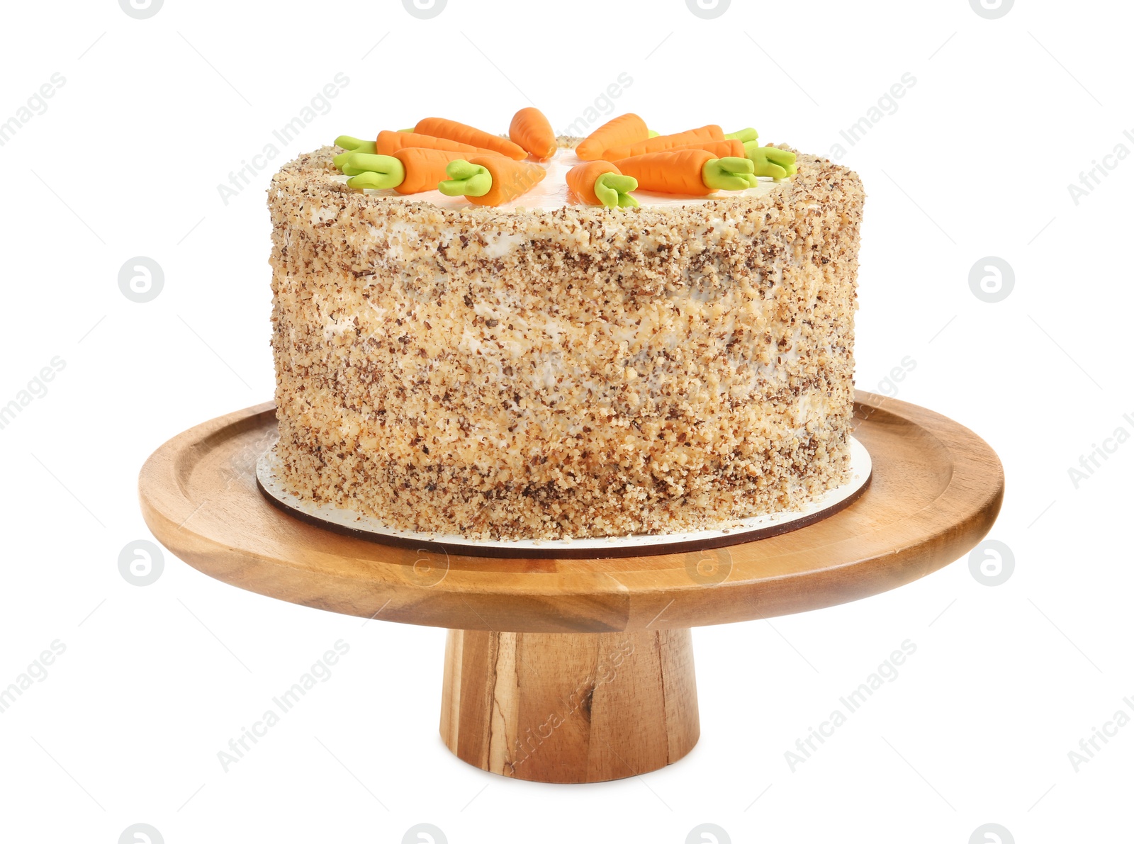 Photo of Stand with tasty carrot cake isolated on white