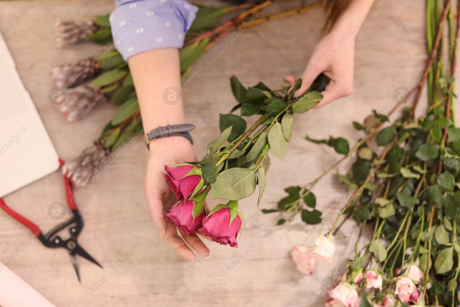 Photo of Female florist making beautiful bouquet in flower shop, closeup